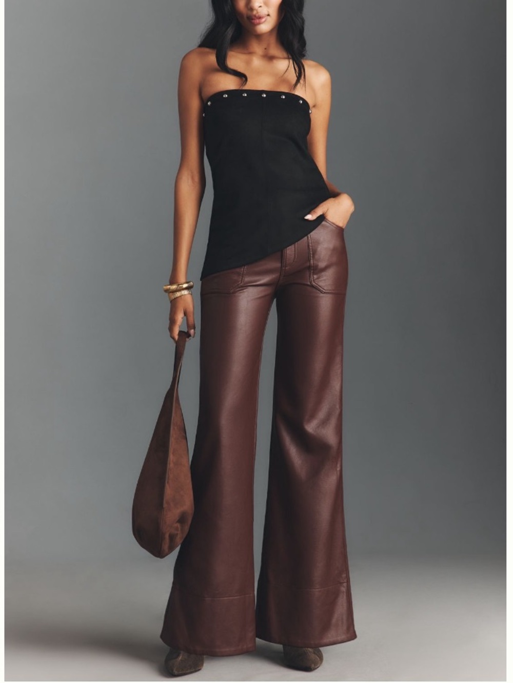 🟠NWT PILCRO Rylan Faux Leather Relaxed High-Rise Flare Pants Cocoa Plum - Picture 1 of 11